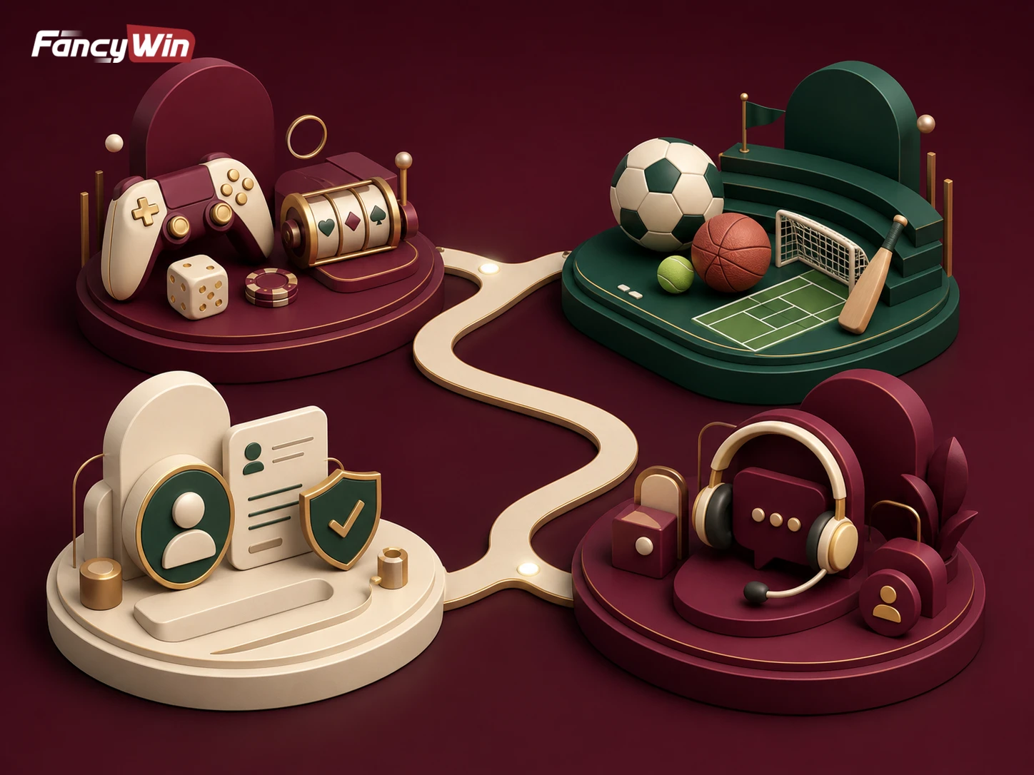 Fancywin-এর games, sports, account ও support service path-এর visual