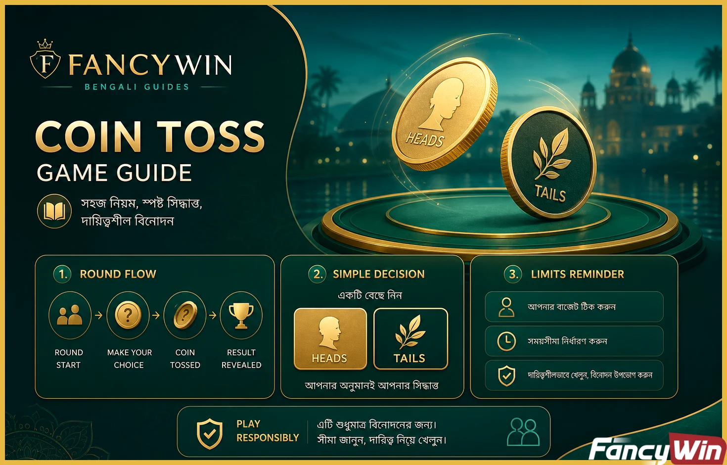 Coin Toss-এর heads, tails ও round rules guide visual