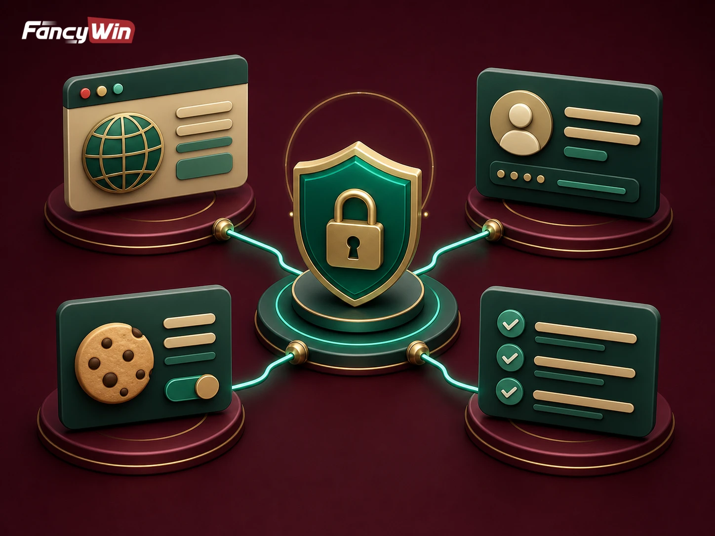 Browser data, cookie setting, account information ও privacy shield-এর visual