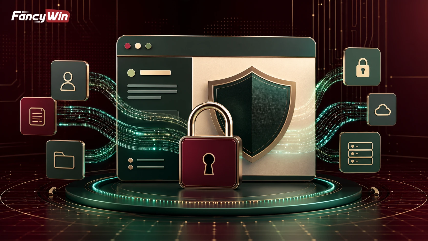 Fancywin Privacy Policy page-এ lock, shield ও browser data-এর visual