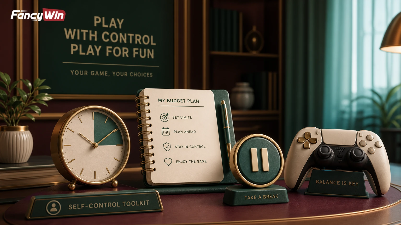 Fancywin Responsible Gaming page-এ clock, budget notebook ও pause symbol-এর visual