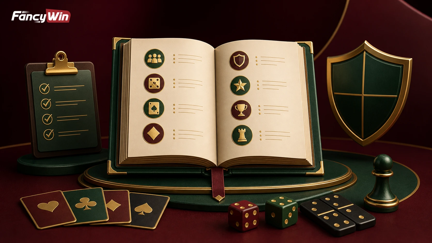Fancywin Rules page-এ rulebook, checklist ও game icons-এর visual