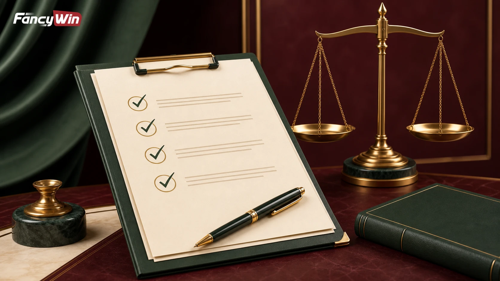 Fancywin Terms of Use page-এ document, pen ও balance scale-এর visual